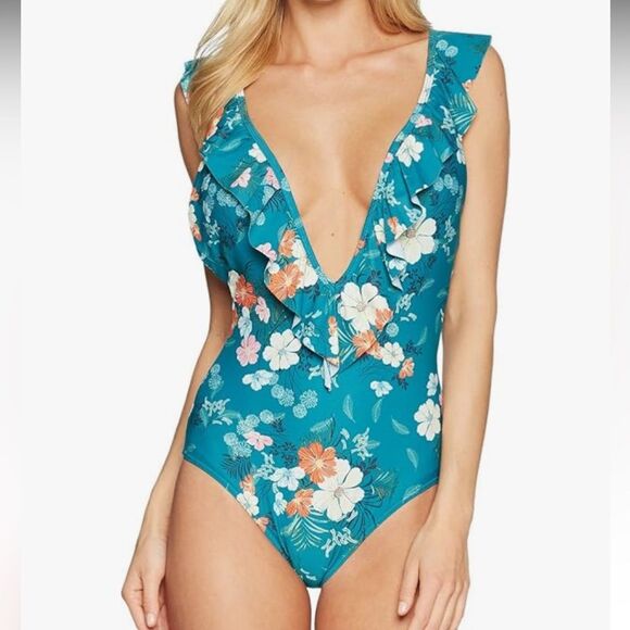 New O’Neill Lucy Teal Floral Print One-Piece Swimsuit - Picture 1 of 7